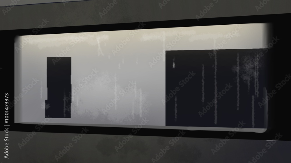 Room in trail in midnight station subway in rain with realistic windows 3d painting art paint 
