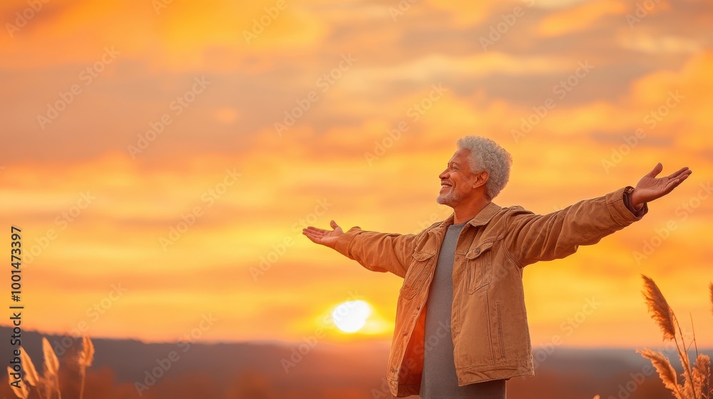 Fototapeta premium Happy African American Man Embracing Sunset with Open Arms