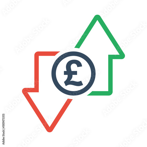 pound sterling coin with green up and red down arrows, tax or inflation indicator, price or income vector outline icon