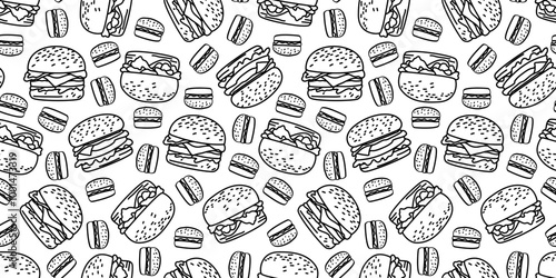doodle burger pattern background. doodle fast food burger seamless pattern background. seamless pattern of burger in doodle style. Seamless Pattern of a Cheese Burger or Hamburger. hamburger pattern.
