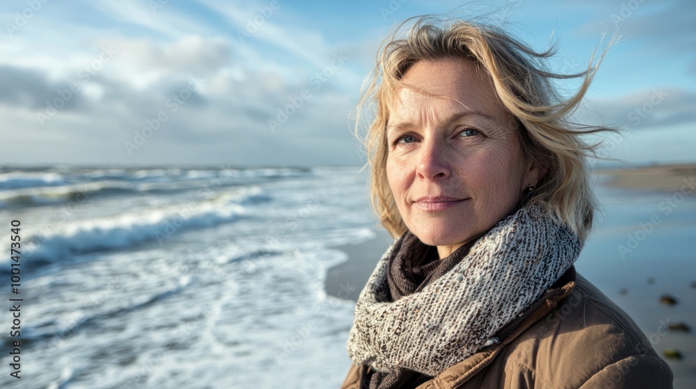 A wide-angle portrait of a middle-aged woman standing on a beach, with the ocean waves crashing behind her. A wide-angle portrait of a middle-aged woman standing on a beach, with the ocean waves crashing behind her.