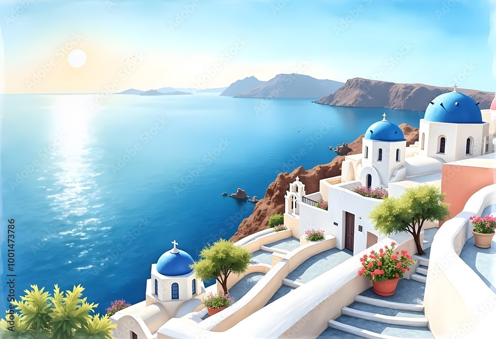 Fototapeta premium Santorini's iconic architecture features whitewashed cubic houses with vibrant blue accents, creating a stunning contrast against the island's volcanic landscape and the deep blue Aegean Sea.