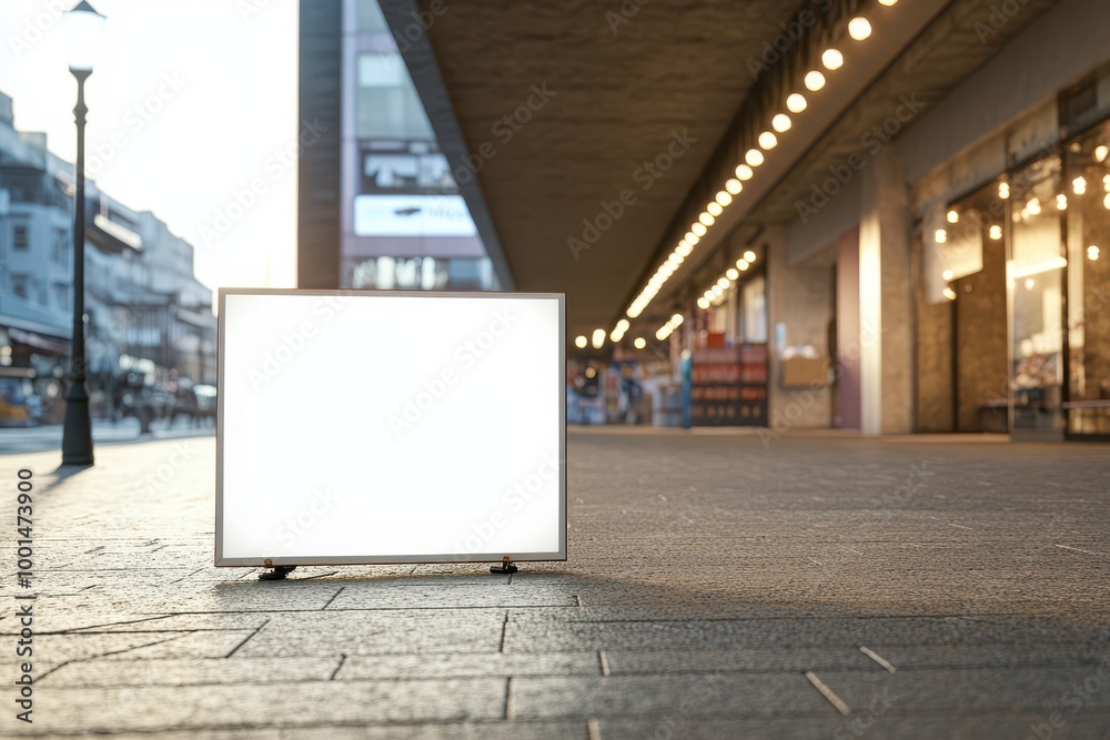 A white sign is sitting on the sidewalk in front of a building A white sign is sitting on the sidewalk in front of a building