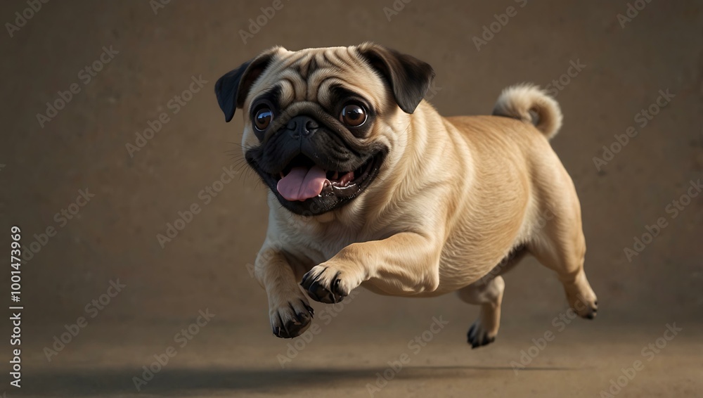 3D cartoon pug mid-jump. 3D cartoon pug mid-jump.