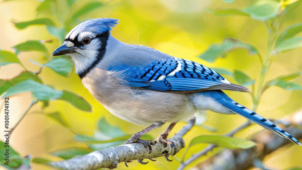 Obraz premium Blue jay bird on a branch with green leaves