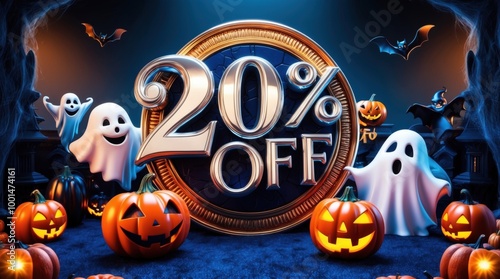 20% off logo Halloween theme Decorated with Halloween character and ghost and pumpkin as digital art photo