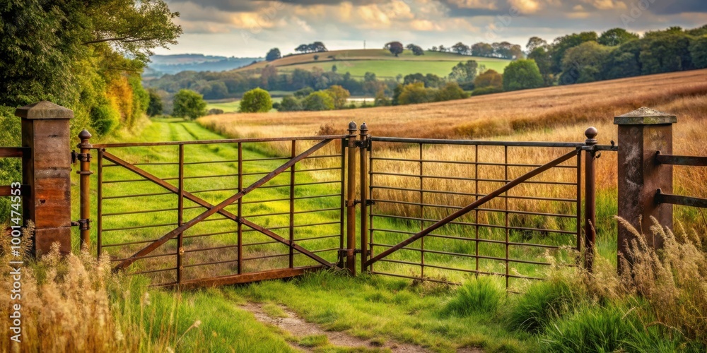 Fototapeta premium Rustic iron gates closed in a picturesque rural setting for background images