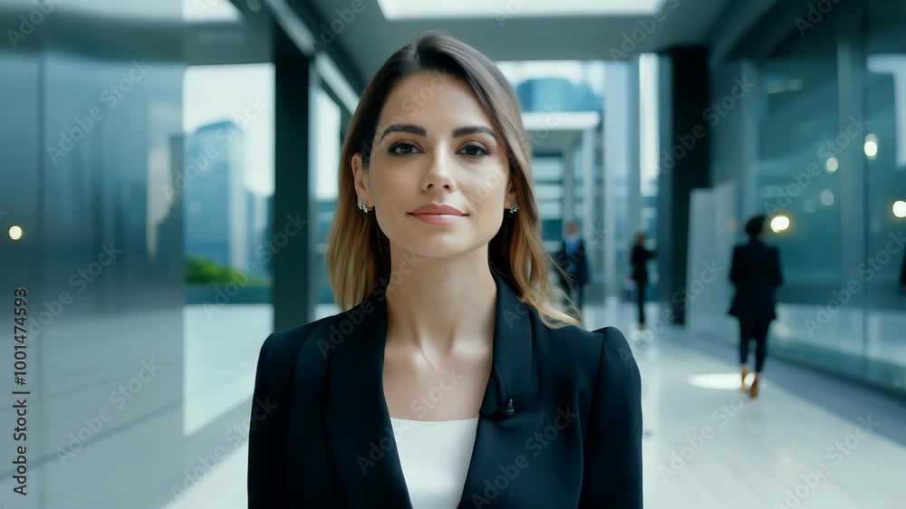 A young woman in business attire standing in a modern office hallway, looking confidently at the camera. Concept of career growth and empowerment. A young woman in business attire standing in a modern office hallway, looking confidently at the camera. Concept of career growth and empowerment.