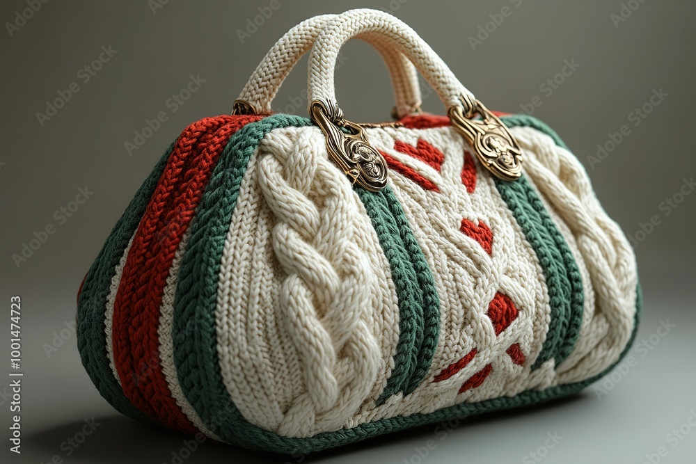 Εκτύπωση καμβά A knitted purse with a green stripe and red and white accents