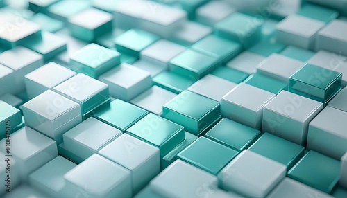 Abstract geometric pattern with turquoise and white cubes on a surface.