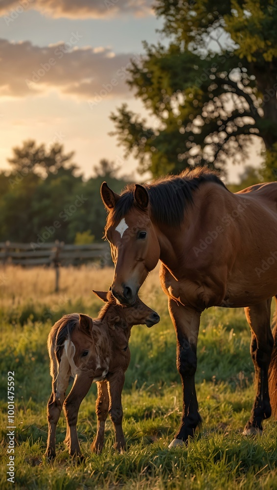 A brown mare tenderly teaching her foal on a golden summer evening. A brown mare tenderly teaching her foal on a golden summer evening.