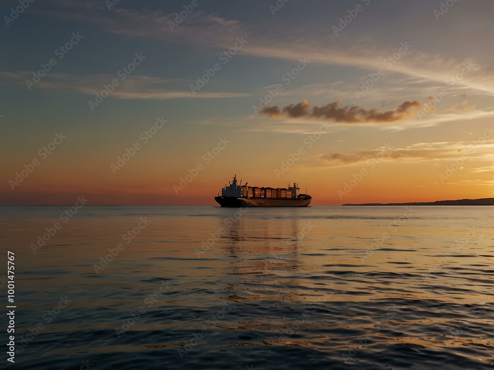 A cargo ship sails through calm waters at sunset.