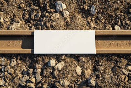 A white sign is laying on the ground in a dirt field photo