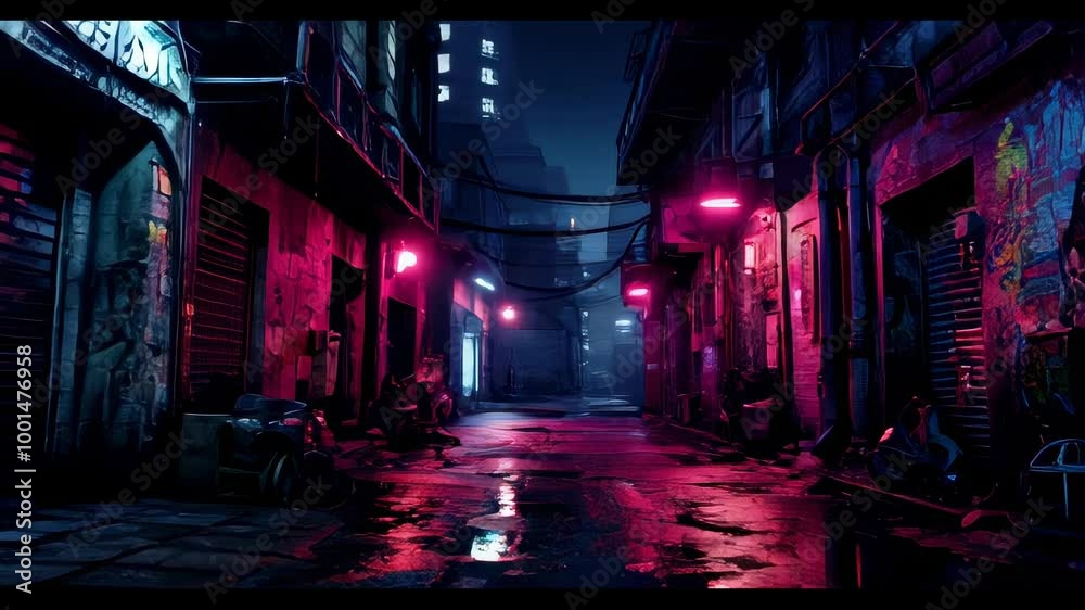 Slow motion at street in cyberpunk city, dark alley with neon light, garbage and graffiti. Concept of dystopia, futuristic, future, night. Slow motion at street in cyberpunk city, dark alley with neon light, garbage and graffiti. Concept of dystopia, futuristic, future, night.