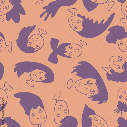 Seamless background with funny faces of anthropomorphic creatures. Humorous characters with different emotions