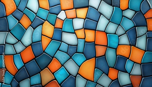 Colorful abstract mosaic pattern with vibrant blue, orange, and turquoise shapes.