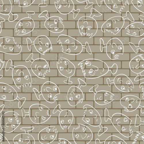 Seamless background with funny faces of anthropomorphic creatures. Humorous characters with different emotions