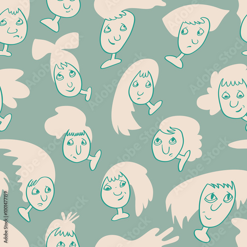 Seamless background with funny faces of anthropomorphic creatures. Humorous characters with different emotions
