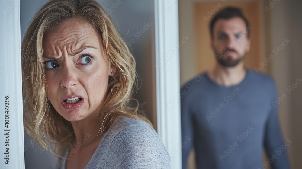 Fototapeta premium A woman with a furious look, slamming a door while her husband watches.