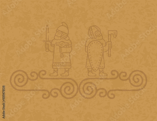 Medieval Parchment Background - Viking Warriors and Spirals