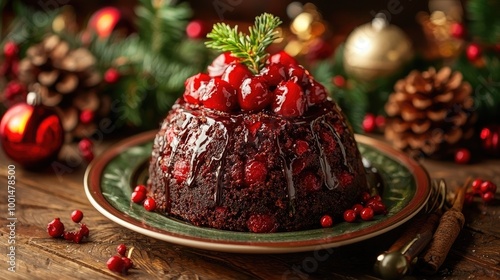 Christmas fruit pudding on a plate. Traditional xmas english cuisine photo