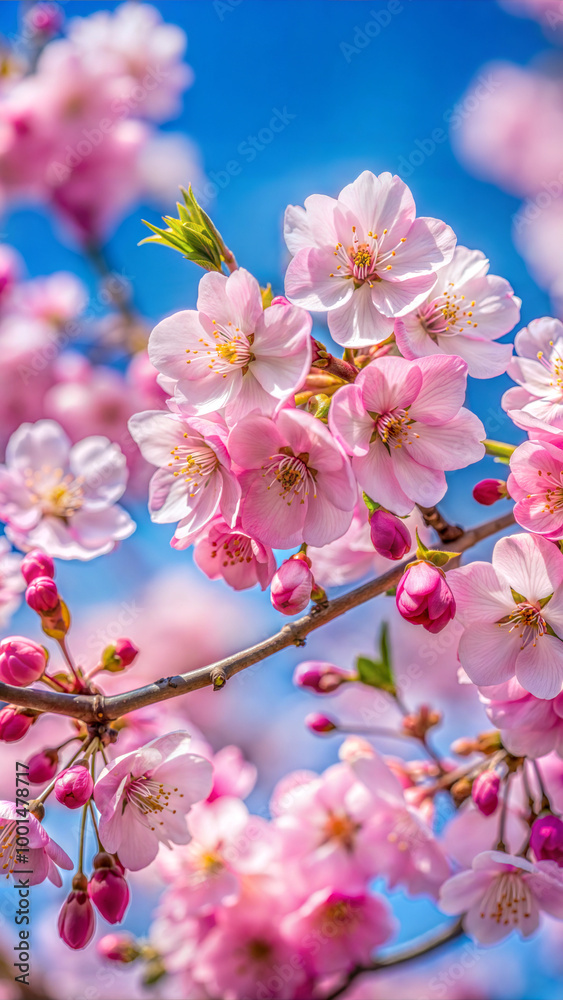 Obraz premium Bright pink cherry blossoms reaching toward the sun against a deep blue sky