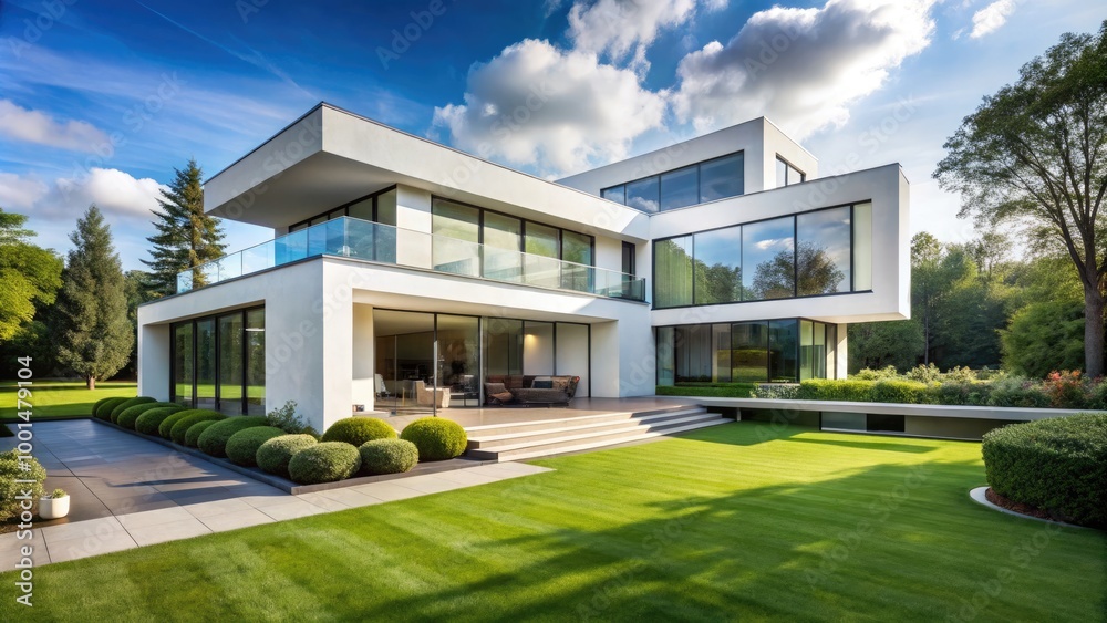 Contemporary White Modern House with Clean Lines and Large Windows Surrounded by Green Landscape Contemporary White Modern House with Clean Lines and Large Windows Surrounded by Green Landscape