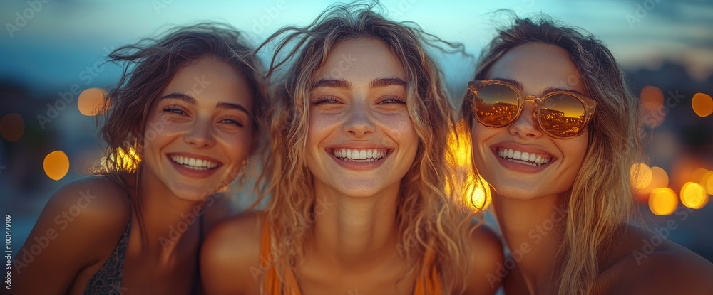 Fototapeta premium Three Happy Young Women Friends Together Smiling and Looking at the Camera