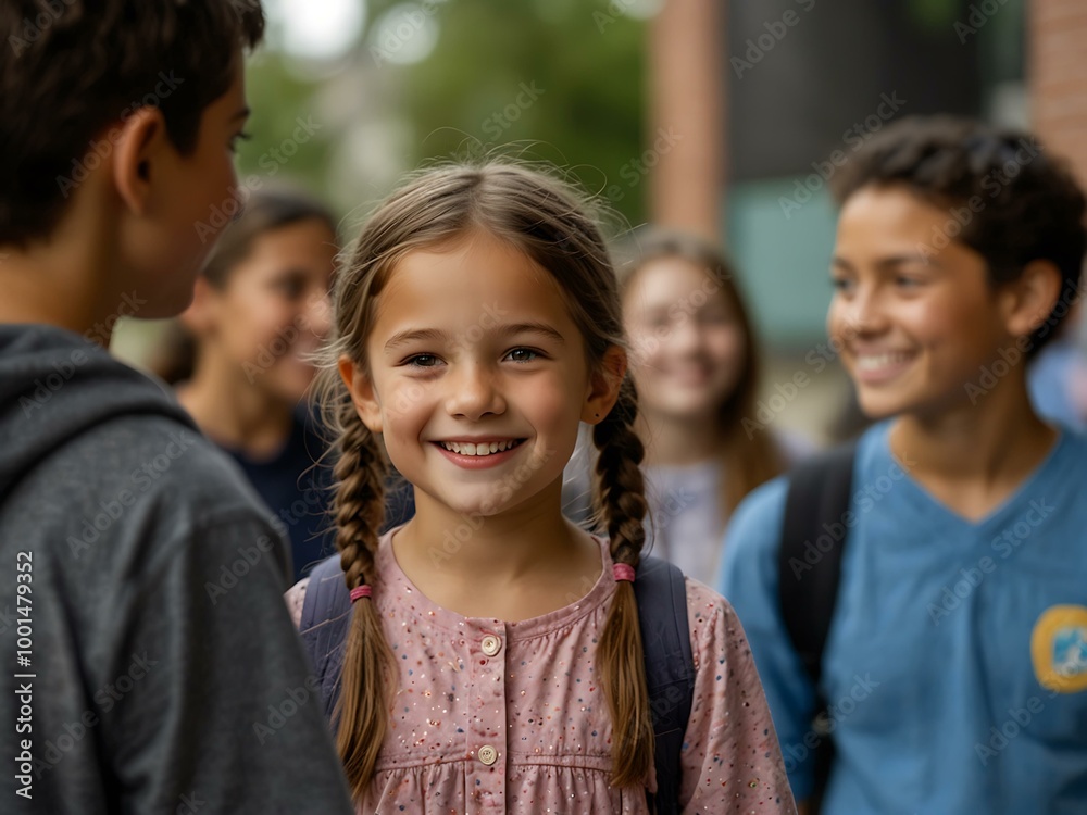 A little girl smiles in front of fellow students. A little girl smiles in front of fellow students.