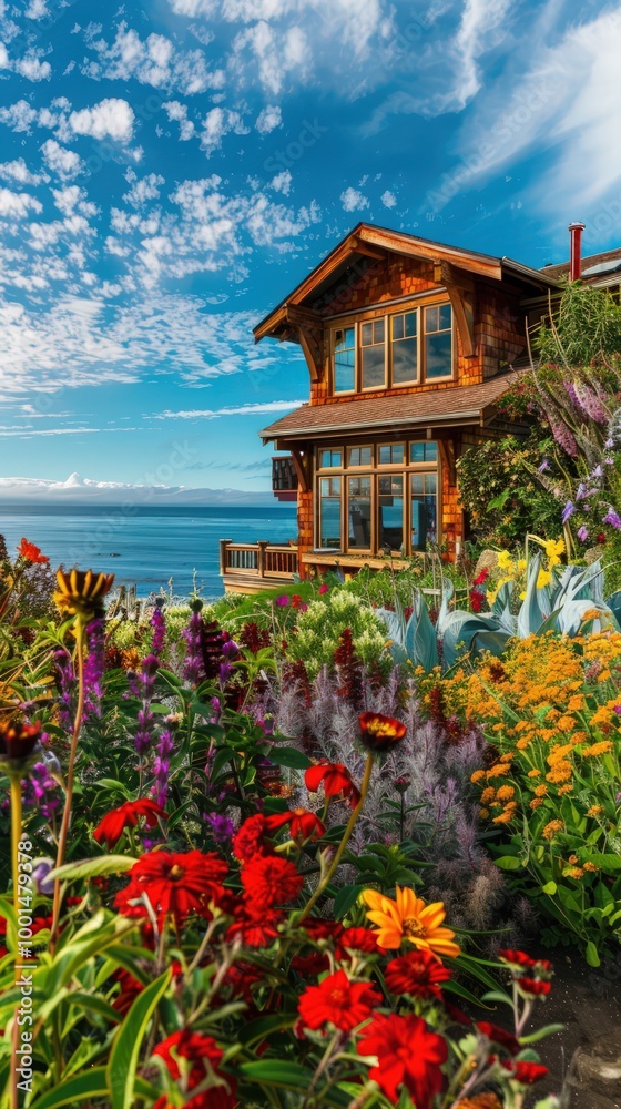 Bright sky blue Craftsman home near ocean, surrounded by colorful flowers and wooden details. Bright sky blue Craftsman home near ocean, surrounded by colorful flowers and wooden details.