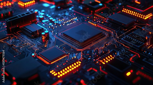 Close-up of computer chip and then switching to internet node connection. Front view. Chip circuit board close-up, curiosity, glimmering, realistic style.