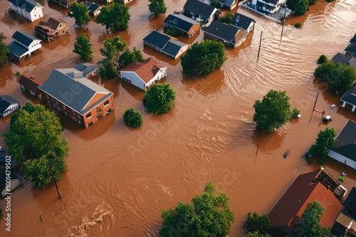 Fototapeta Naklejka Na Ścianę i Meble -  A flash flood sweeping through a small town, with streets submerged and homes at risk of being flooded