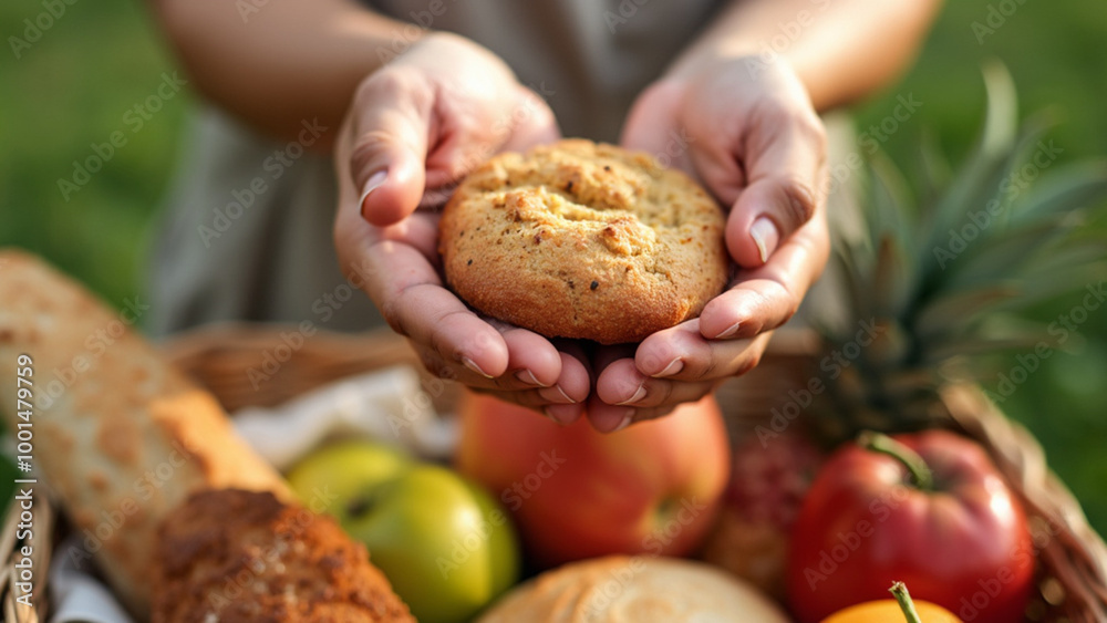 Hands placing food into a donation basket in soft sunlight representing charitable food donations Hands placing food into a donation basket in soft sunlight representing charitable food donations