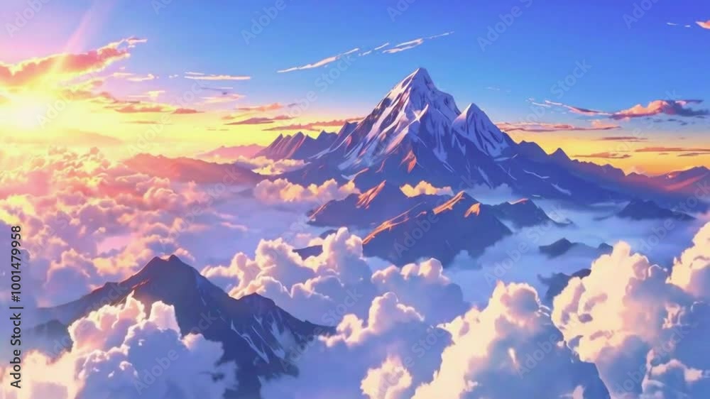 tops of futuristic skyscrapers rising rugged mountain peaks cloud layer, warm glass windows. buildings, city waking up, 4k Landscape Background Animation Video