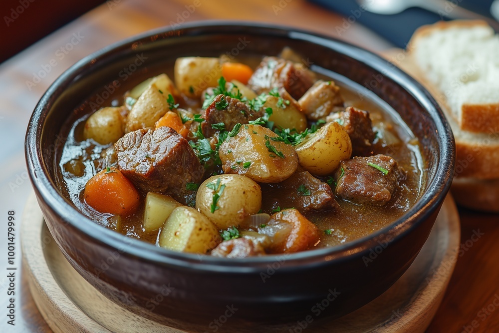 Traditional Irish Stew with Tender Lamb, Root Vegetables, and Crusty Soda Bread Served in a Rustic Ceramic Bowl on Wooden Table Traditional Irish Stew with Tender Lamb, Root Vegetables, and Crusty Soda Bread Served in a Rustic Ceramic Bowl on Wooden Table