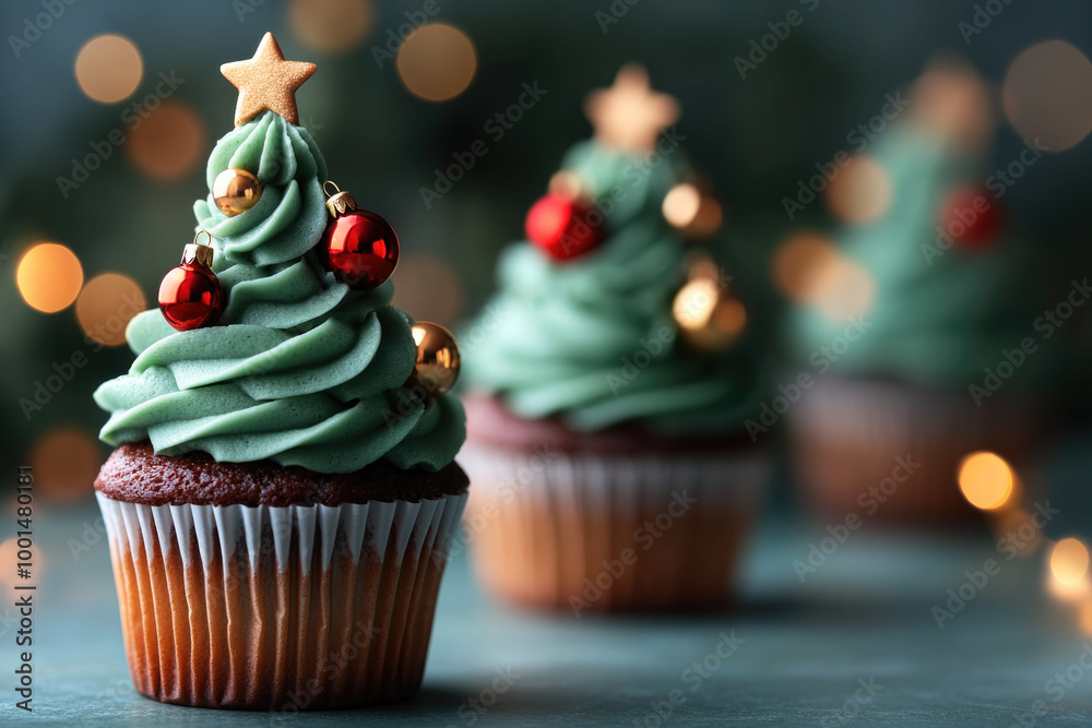Green Christmas tree shaped cupcakes with sprinkles Green Christmas tree shaped cupcakes with sprinkles