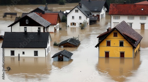 Fototapeta Naklejka Na Ścianę i Meble -  A small village inundated by flash floodwaters, with streets and homes partially submerged