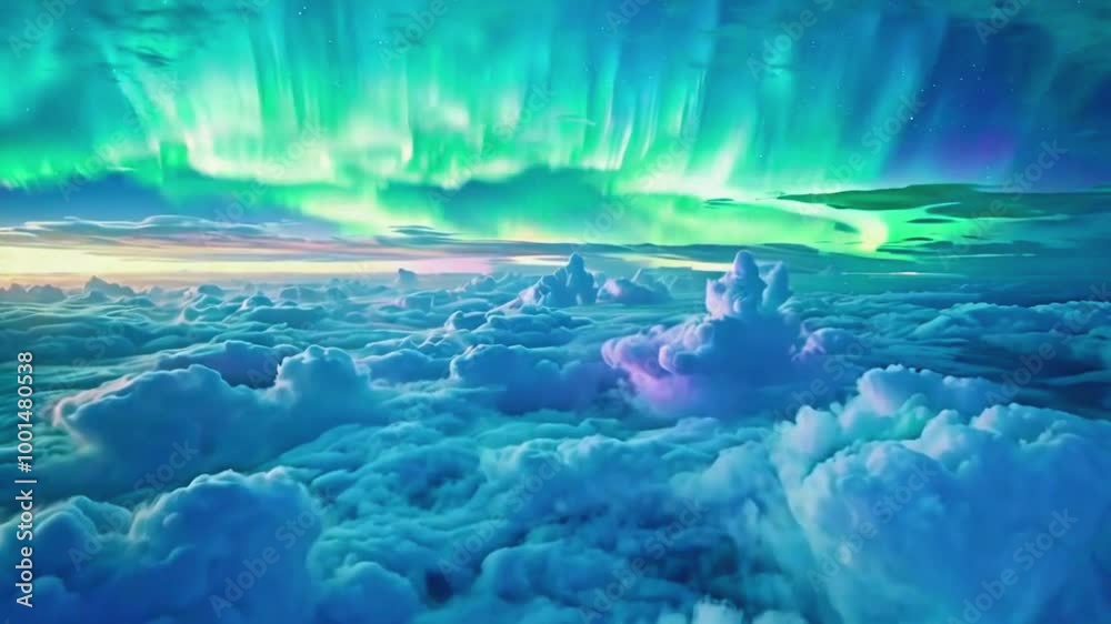 ethereal aerial shot of soft stormy, turbulent misty cloud layer with the northern lights dawn sky above. Vibrant aurora borealis sunlight surreal magical loop, 4k Landscape Background Animation