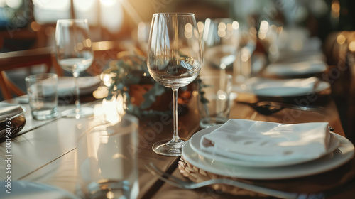 Sunlit elegant table setting with wine glasses, plates, napkins, and cutlery, creating a warm and inviting dining atmosphere for an outdoor or indoor event