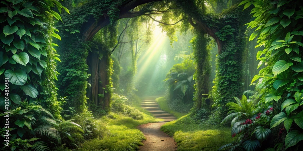 Enchanted secret passage leading to a mystical forest with lush green plants Enchanted secret passage leading to a mystical forest with lush green plants