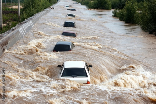 A swollen river overtaking a highway during a flash flood, cars stranded in the rising water photo