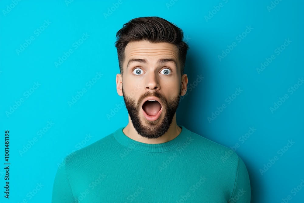 Man with a beard and blue eyes is making a loud noise. He is wearing a blue shirt. front view of a man who opens his mouth wide, Man with a beard and blue eyes is making a loud noise. He is wearing a blue shirt. front view of a man who opens his mouth wide,