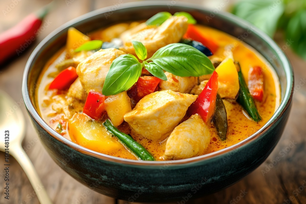 Delicious Homemade Chicken Curry with Vibrant Colors, food, vegetables, spices, bowl Delicious Homemade Chicken Curry with Vibrant Colors, food, vegetables, spices, bowl