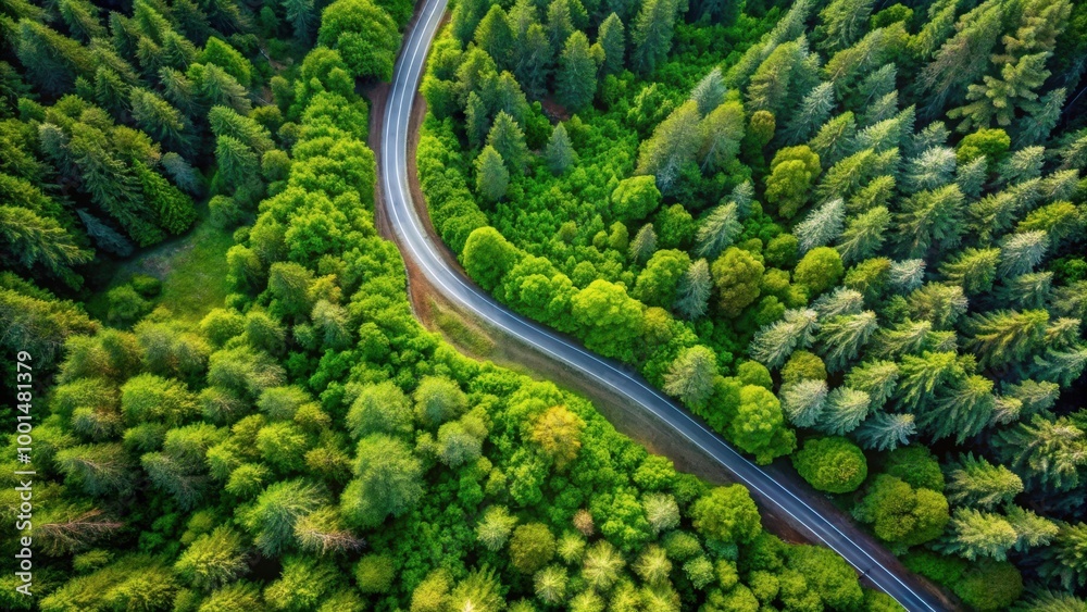 Serene Aerial View of Winding Forest Road Surrounded by Lush Green Trees Serene Aerial View of Winding Forest Road Surrounded by Lush Green Trees