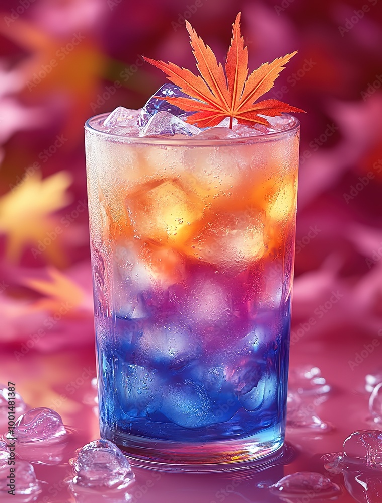 A colorful drink with a leaf on top A colorful drink with a leaf on top