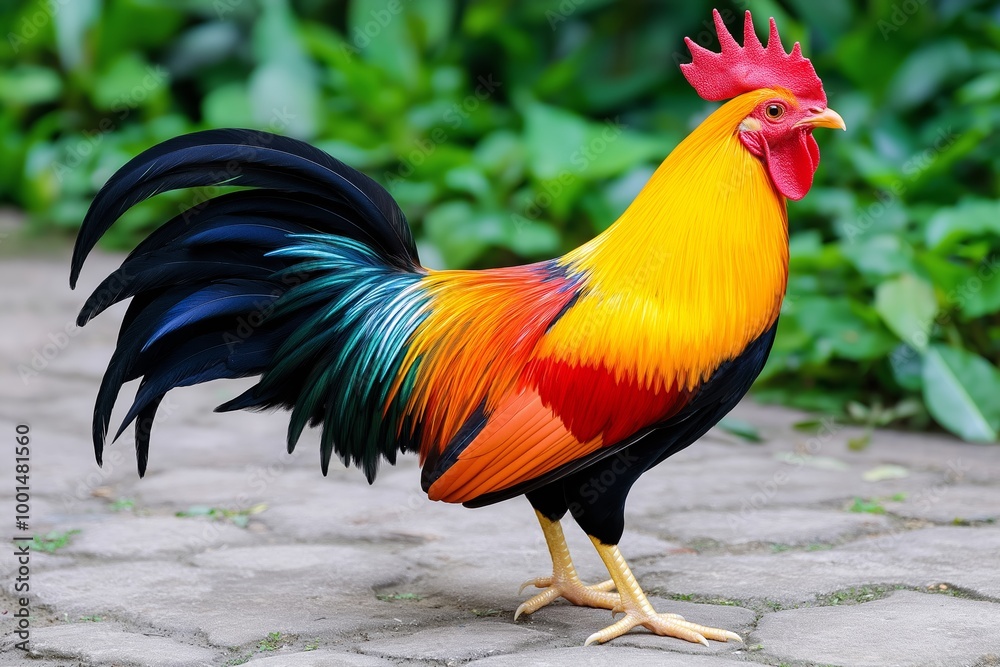 Rooster with a black and red head. It is standing on a green field. The rooster has a black and red tail. full body shot of a rooster Rooster with a black and red head. It is standing on a green field. The rooster has a black and red tail. full body shot of a rooster