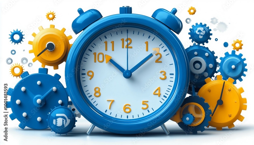 Time Management Mastery, digital clock with holographic task lists and timelines floating around it.