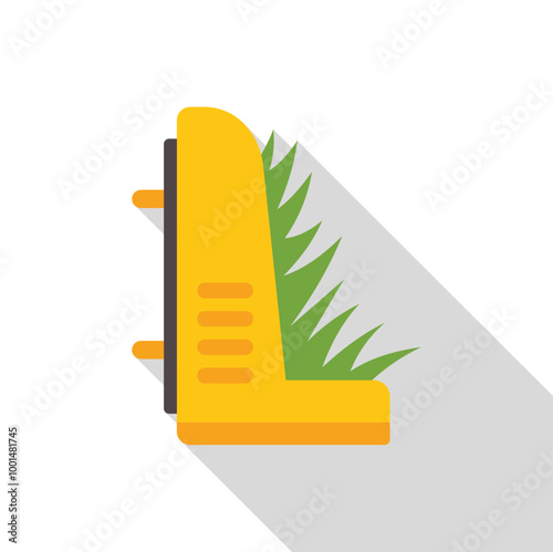 Electric or gasoline lawn trimmer cutting grass with long shadow on white background in flat design