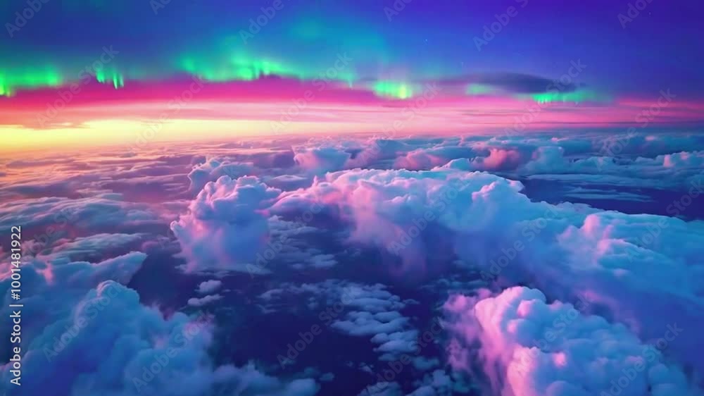 ethereal aerial shot of soft stormy, turbulent misty cloud layer with the northern lights dawn sky above. Vibrant aurora borealis sunlight surreal magical loop, 4k Landscape Background Animation