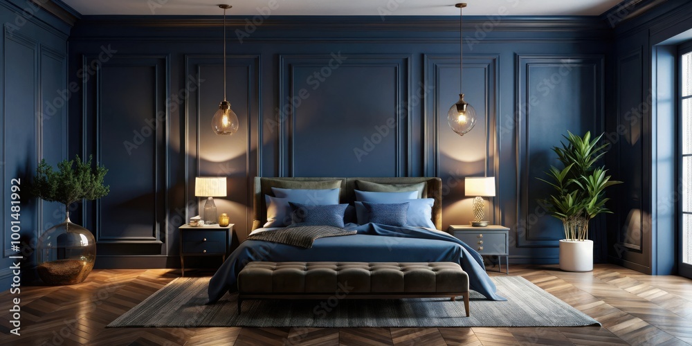 Naklejka premium Dark Blue Bedroom Interior Background Render with Moody Lighting and Elegant Decor